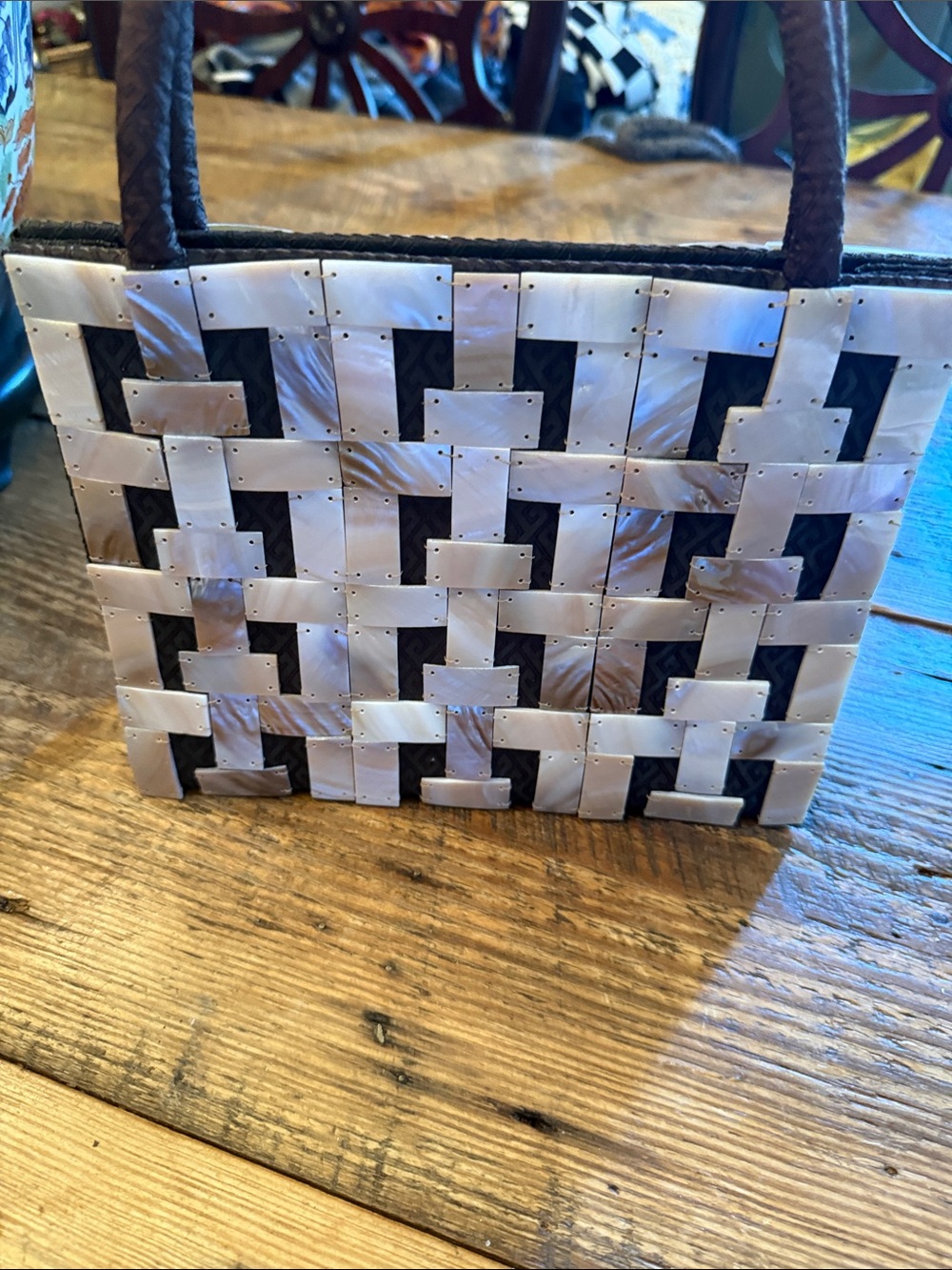 XOXO Iridescent White Shell Woven Tote with Black Accents